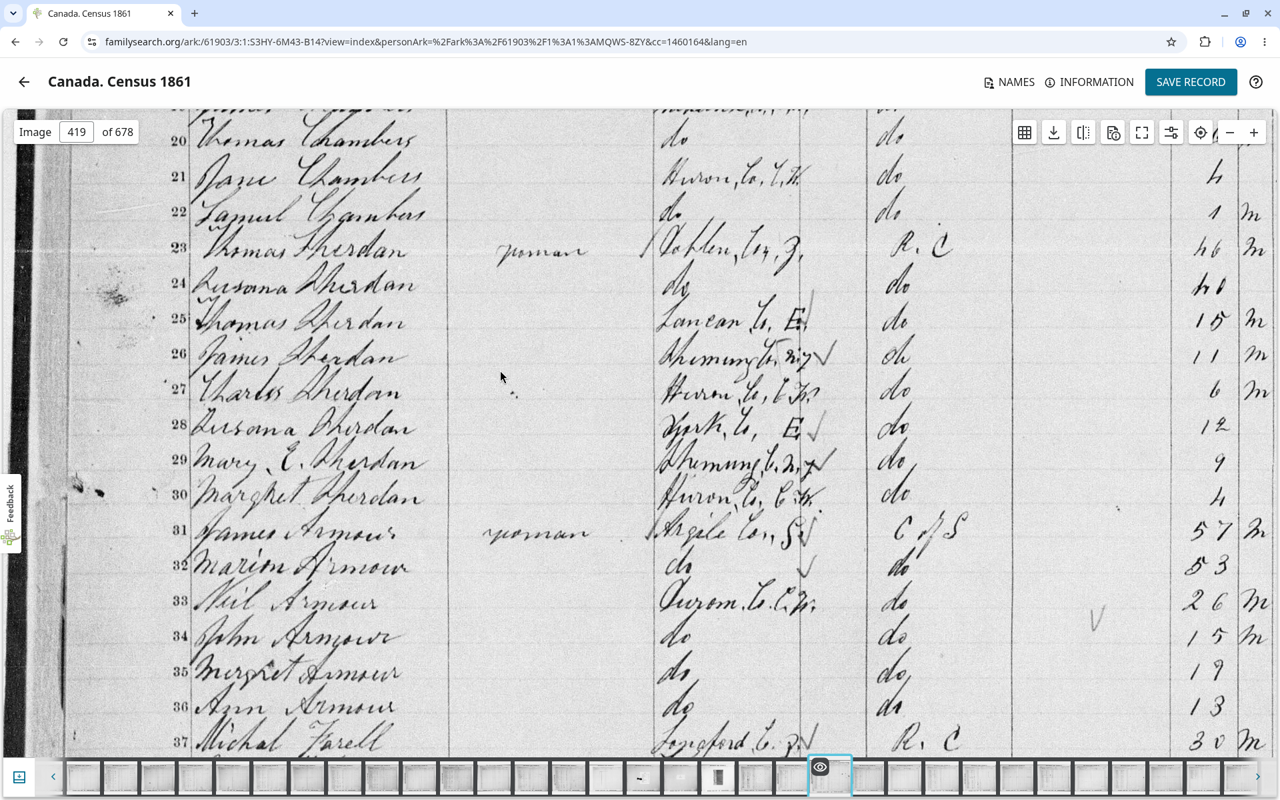 The Thomas "Sherdan" household in the 1861 census of Morris Township, Huron County, Canada West, sheet 3, lines 23–30. Every member is listed as Roman Catholic, and Thomas is a "yeoman." (FamilySearch, image 419.)