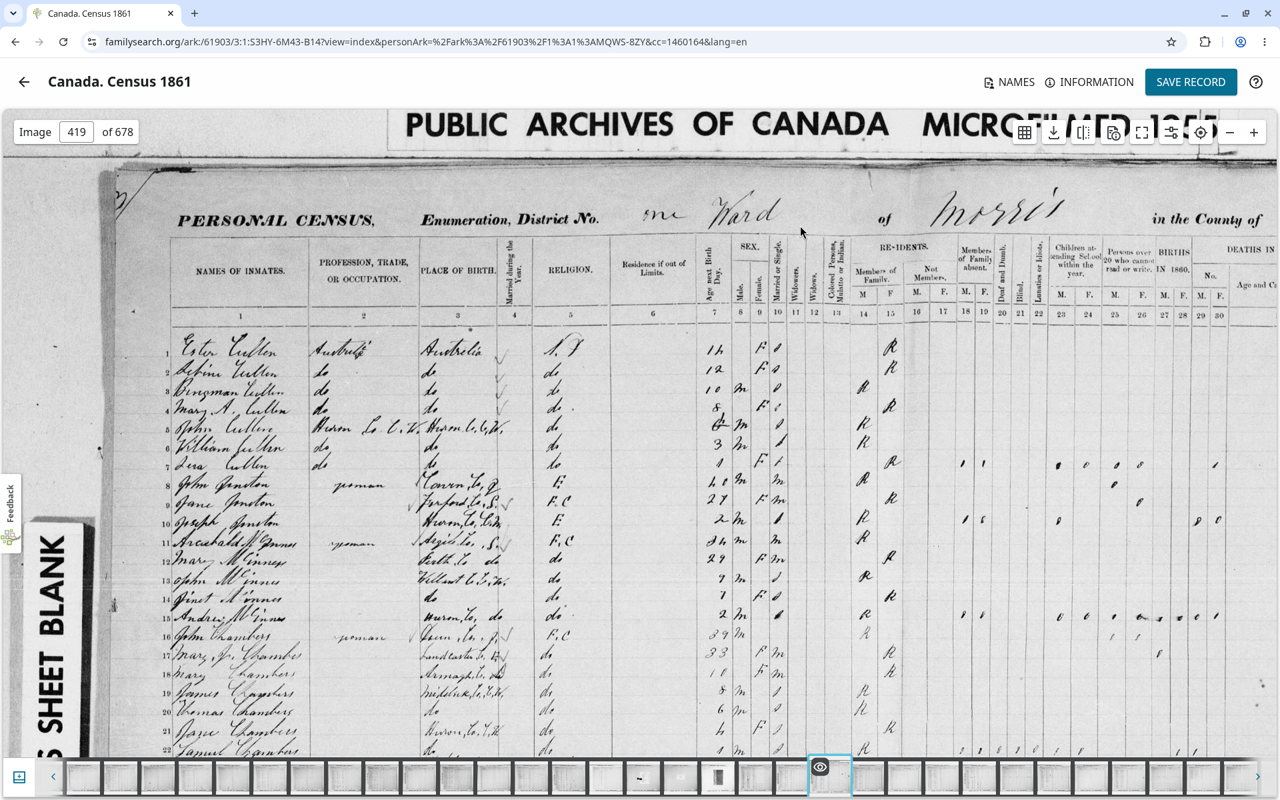 Header of the 1861 census sheet, "Ward of Morris, County of Huron."