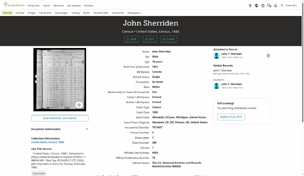 The Thomas "Sherriden" household, Allendale Township, Ottawa County, 1880 U.S. census (index view).