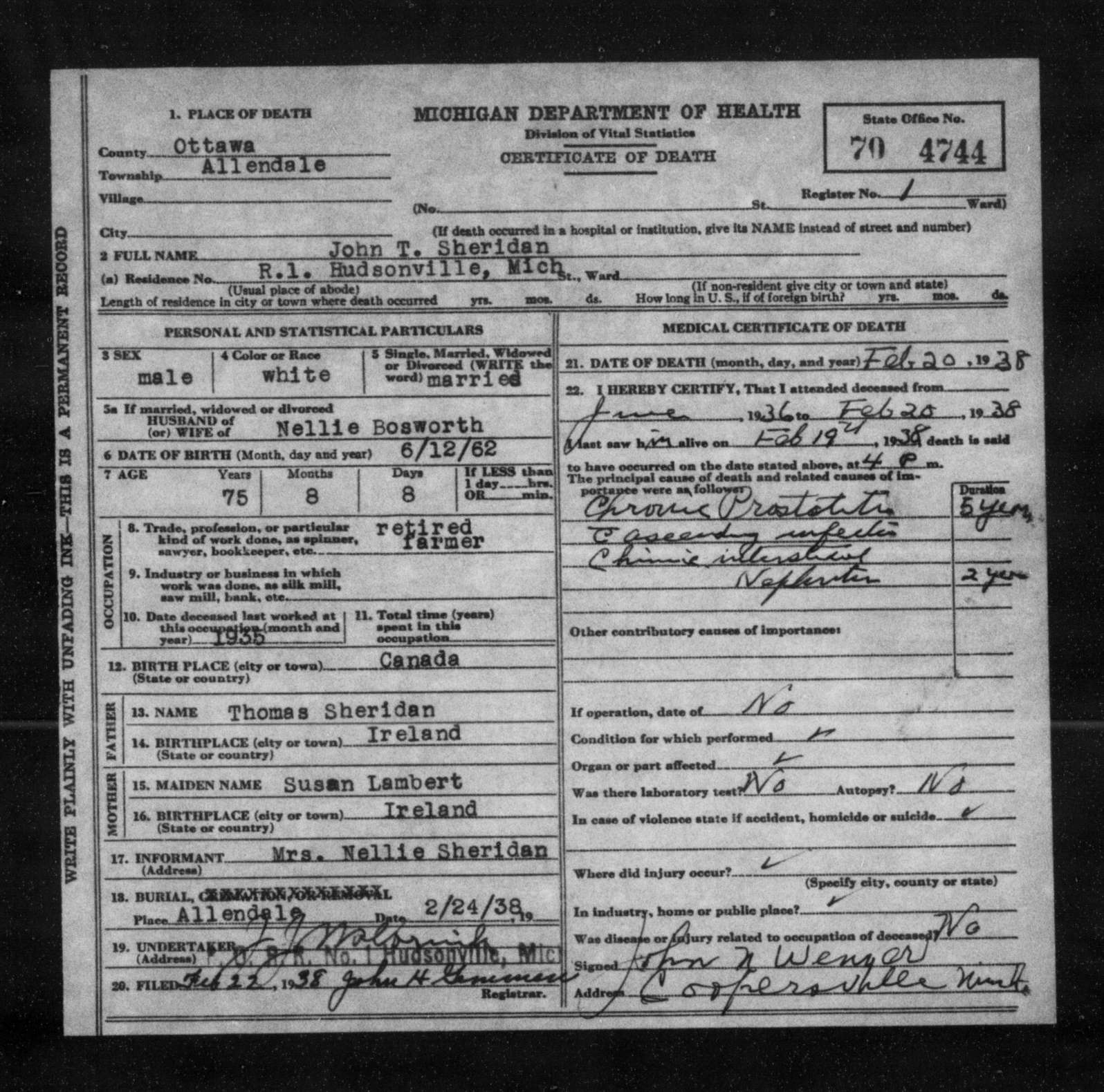 Death certificate of John T. Sheridan, 20 February 1938, Allendale. It gives his birthplace as Canada and names his parents, Thomas Sheridan and Susan Lambert, both born in Ireland.